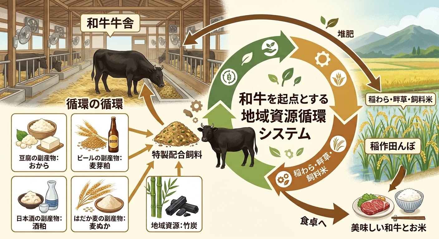 和牛を起点とする地域資源循環システムの図。田んぼの稲わら・畔草・飼料米が牛のごはんになり、牛の堆肥が田んぼに還る。おから、ビールの麦芽粕、日本酒の酒粕、はだか麦の麦ぬか、竹炭を混ぜて特製の配合飼料をつくる。循環の先に、和牛とお米が食卓へ届く